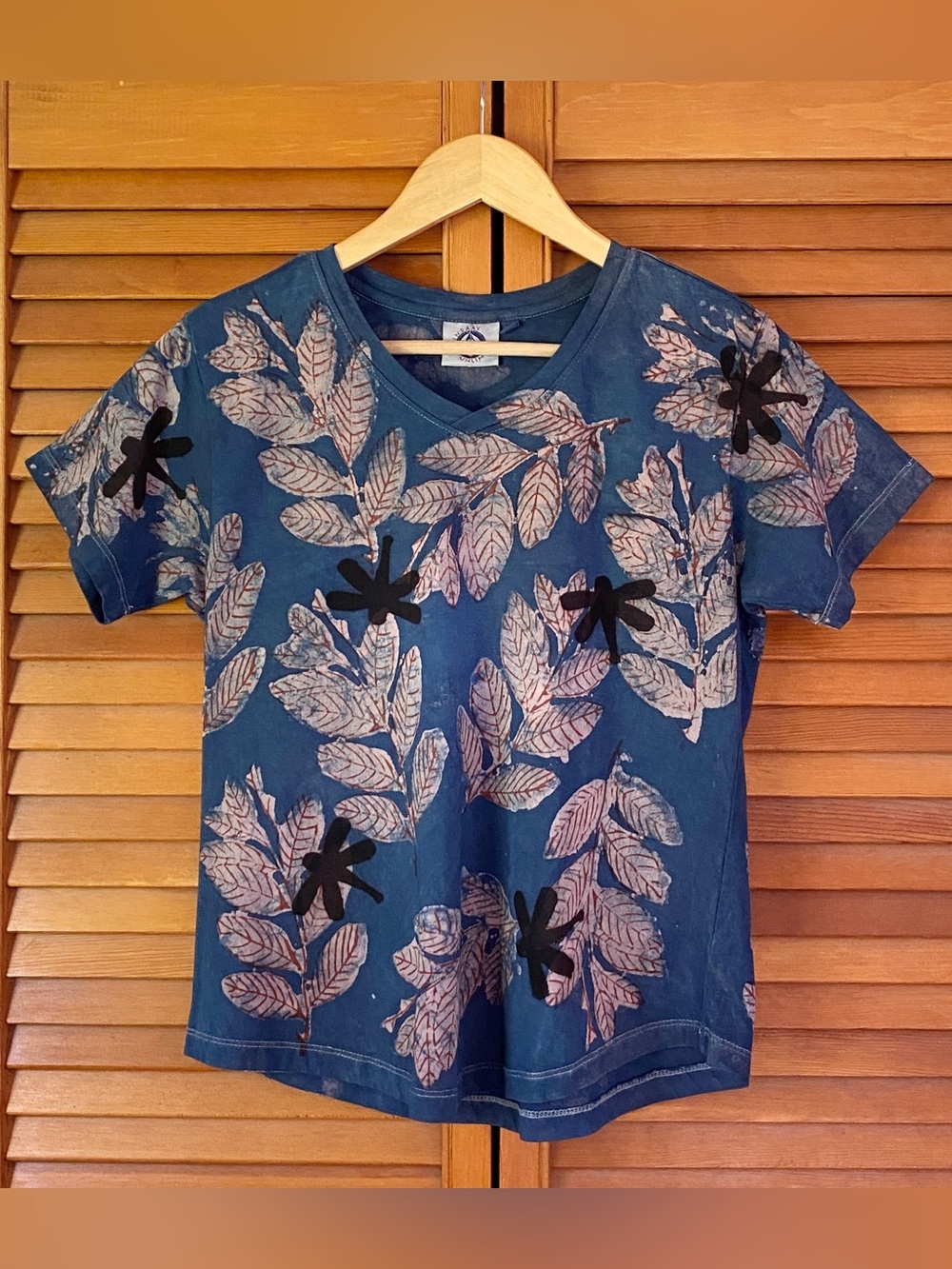 Bindaas Unlimited Shirt Women’s Size Medium Dragonfly Leaf Block Print Blue Top